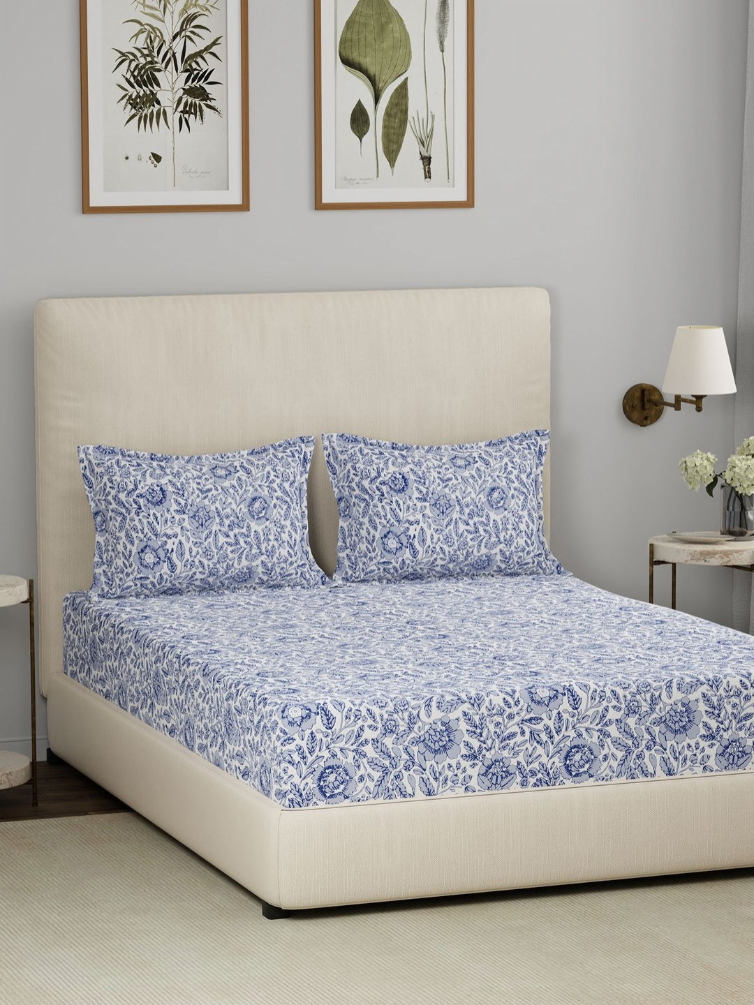 MASPAR Hermosa Eclectic Garden Henley Blue Floral Cotton 144 TC Fitted King Bedsheet with 2 Pillow Covers-108 x 108 inches