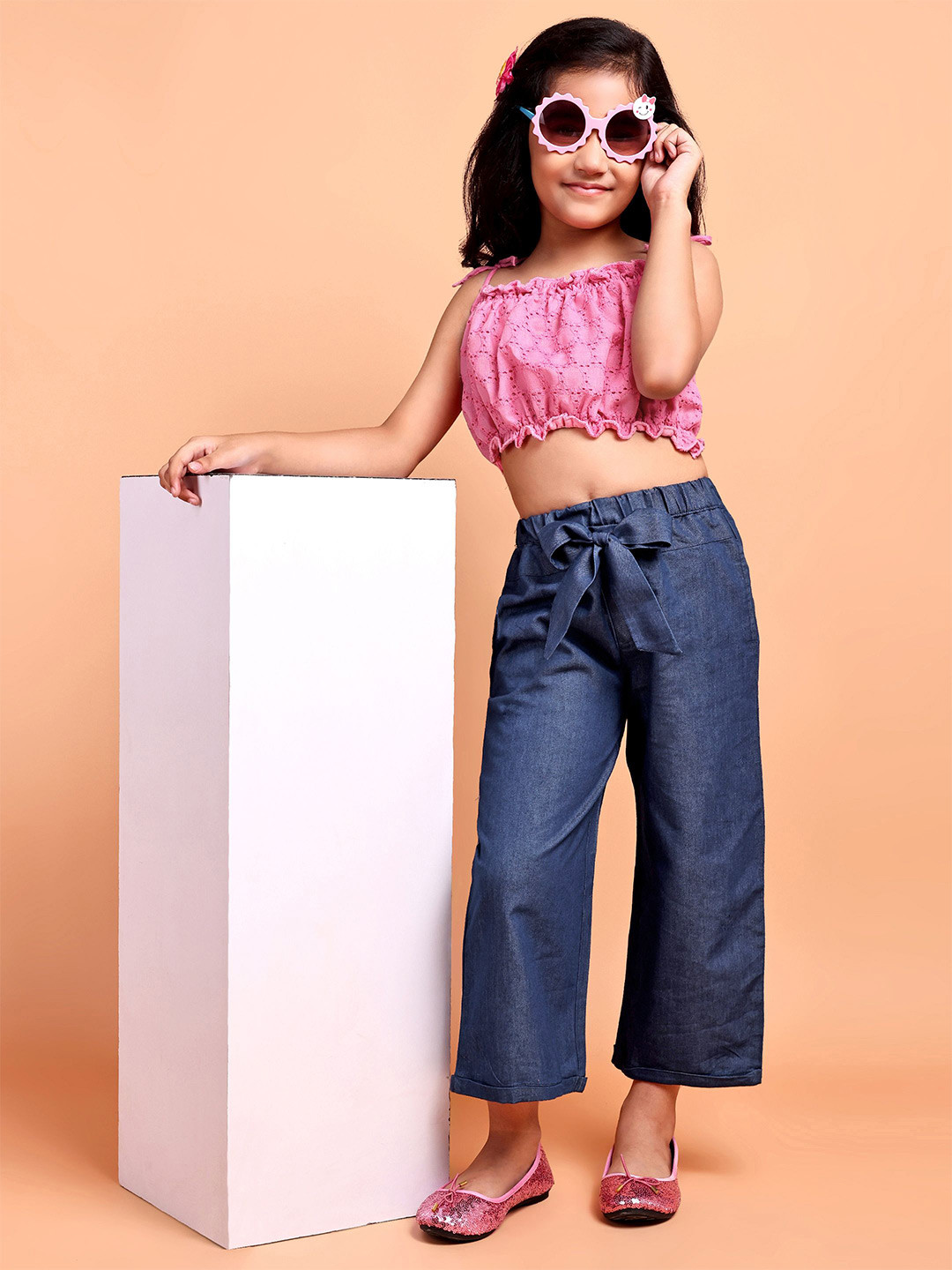 YK Girls Schiffli Pure Cotton Crop Top With Denim Palazzo