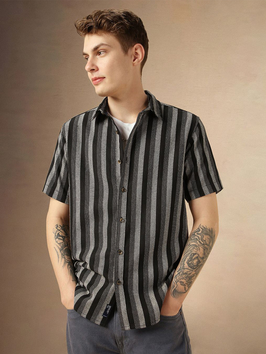 Dennis Lingo Smart Relaxed Fit Vertical Striped Waffle Casual Shirt