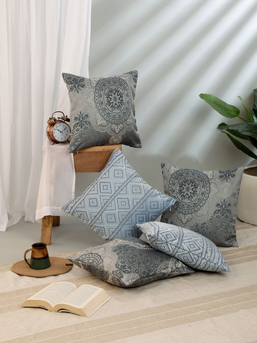 ROSARA HOME Navy Blue Polyester Washable 5 Pcs Embroidered Square Cushion Covers -16x16In