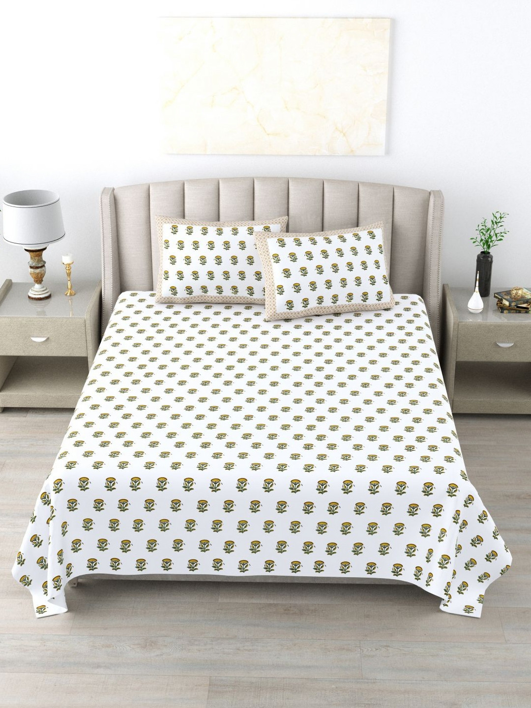 Wayne Martin Book Fold White Floral Cotton 300 TC King Fine Bedsheet with 2 Pillow Covers-87 x 93 inches