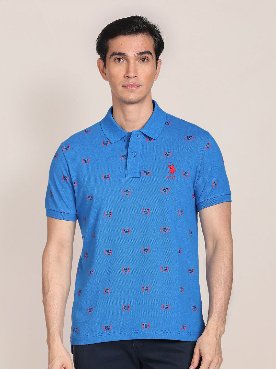 U.S. Polo Assn. All Over Brand Logo Printed Polo Collar Pure Cotton Slim Fit T-shirt