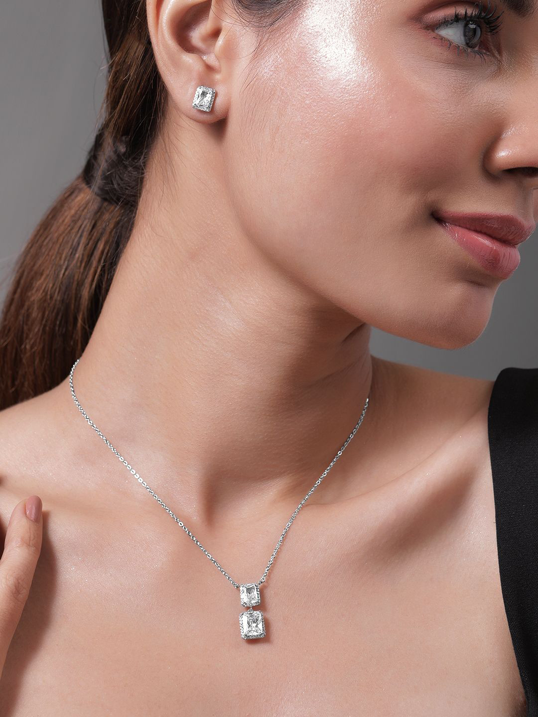 Rubans Rhodium Plated Cubic Zirconia Studded Square Pendant Necklace and Earrings Set
