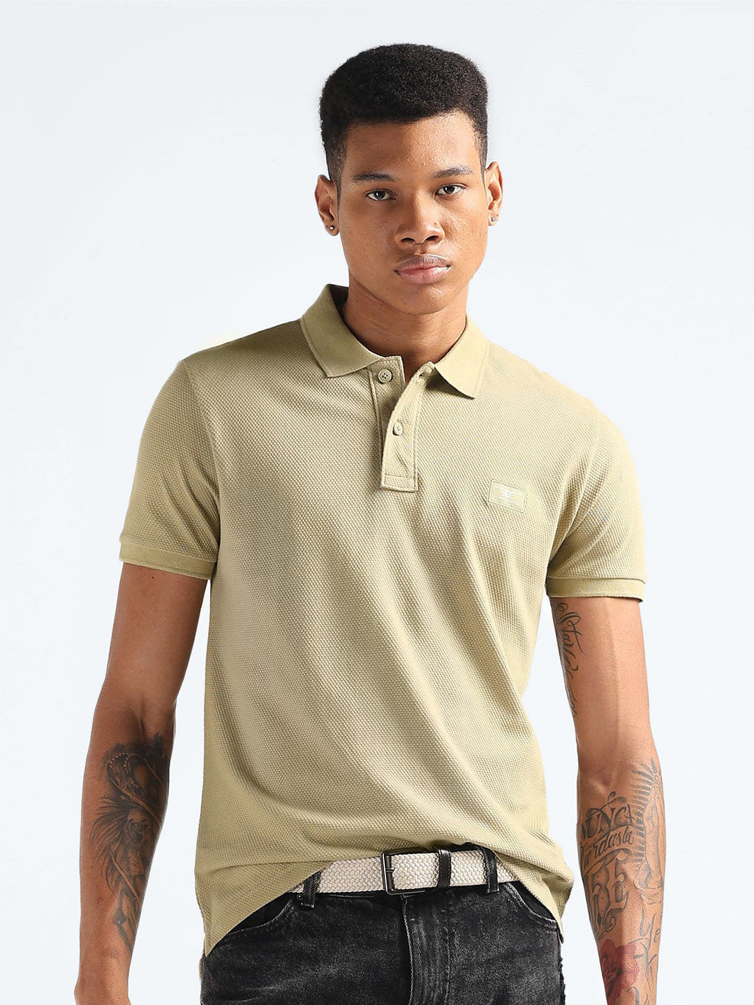 Flying Machine Textured Polo Collar Short Sleeves Regular Fit T-shirt