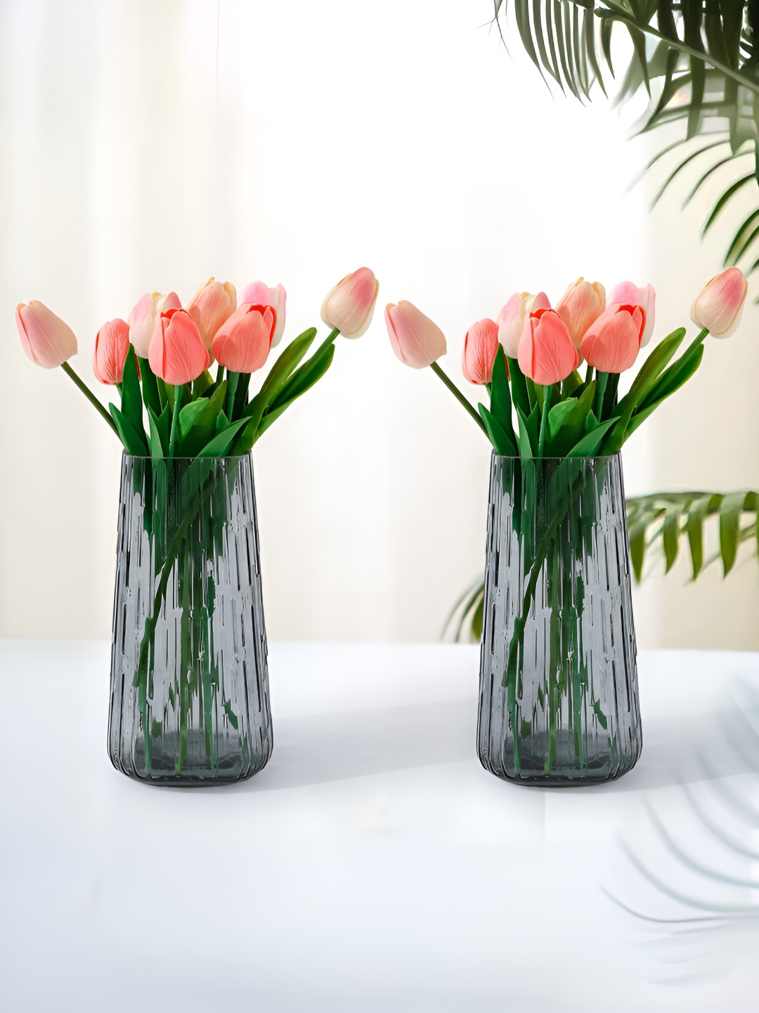 UMAI Grey & Transparent 2 pieces Glass Textured Vases