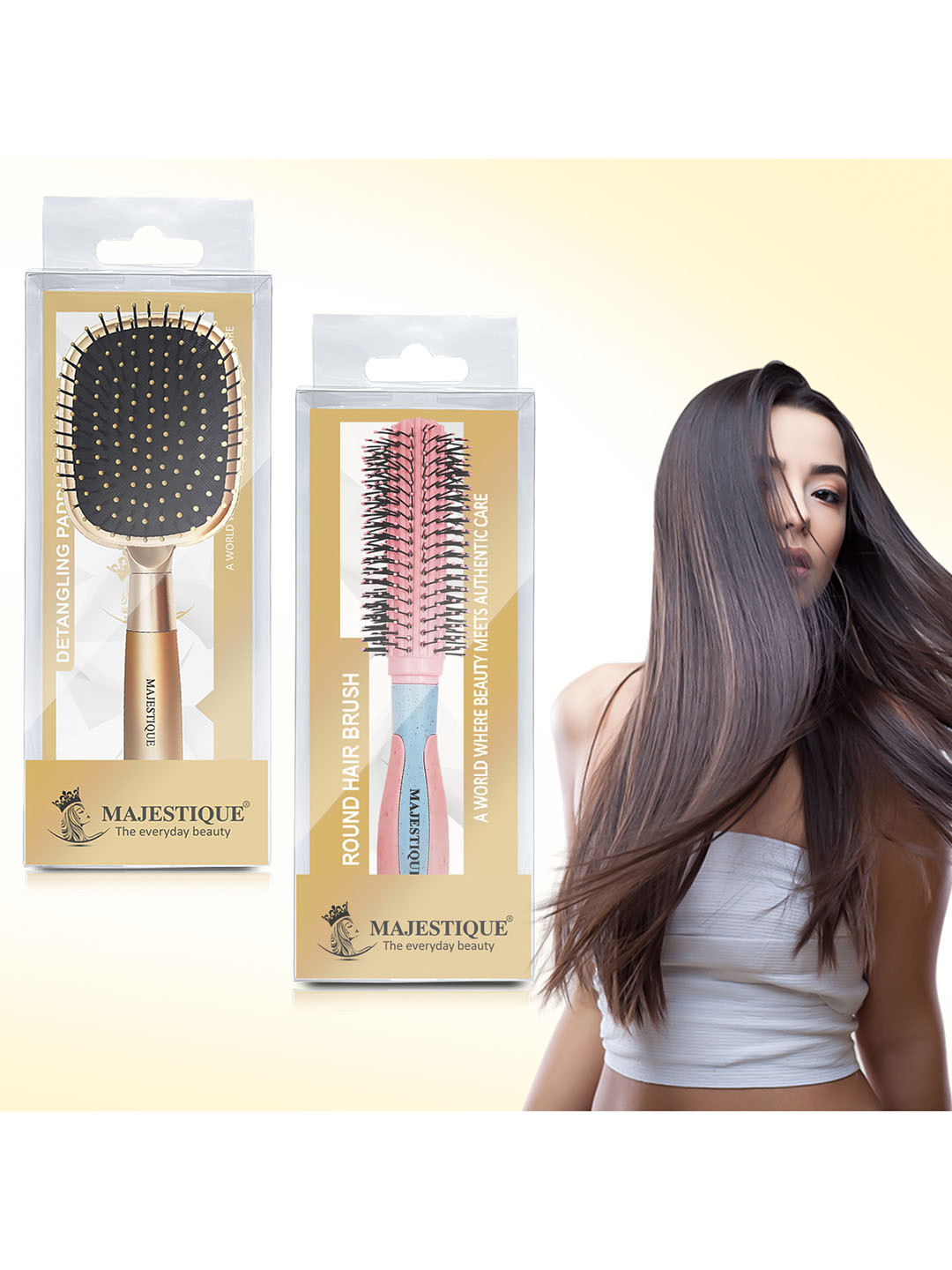 MAJESTIQUE Detangling Paddle Brush with Round Blow Dry Brush Pack of 2