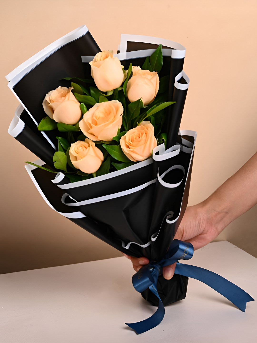 Floweraura Peach-Coloured & Green 6 Pieces Fresh Roses Bouquet