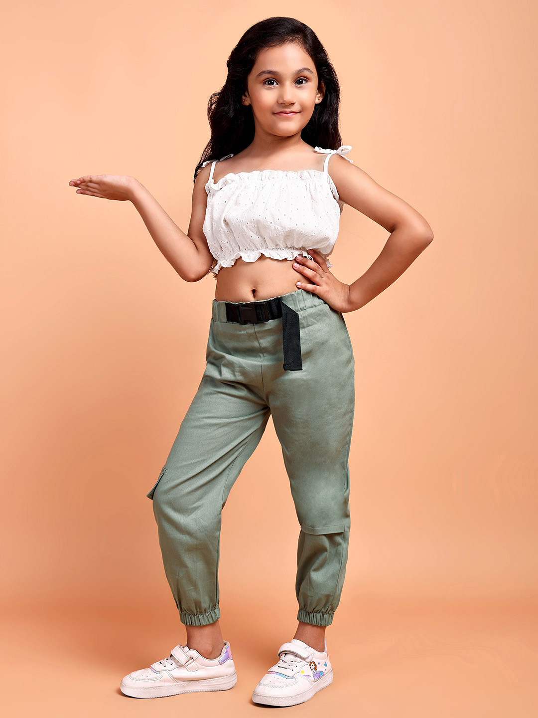 YK Girls Self Design Shoulder Straps Schiffli Top With Cargo Trousers