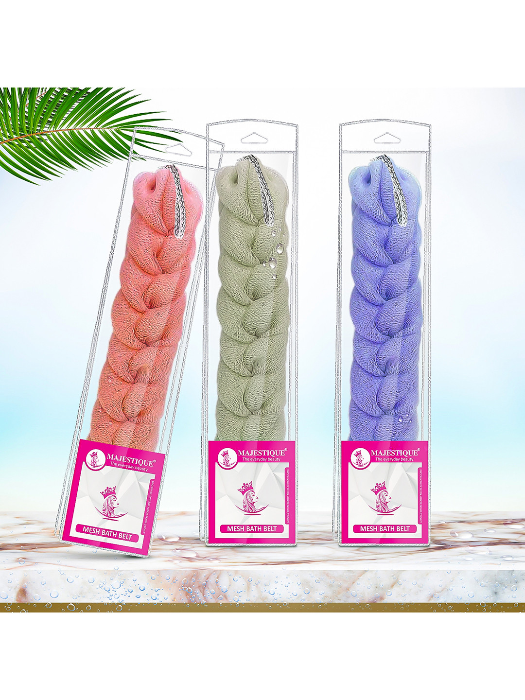 MAJESTIQUE  Set of 3 Bath Belt Long Bath Loofah Stretchable Braided Mesh