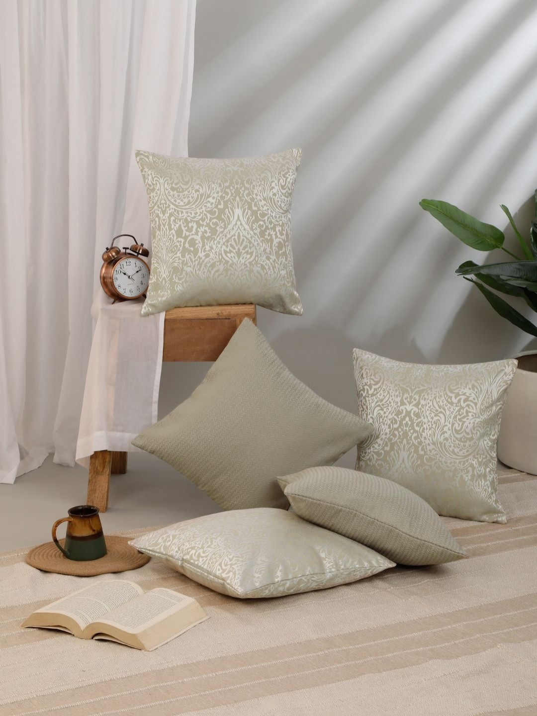 ROSARA HOME Cream & Taupe 5 Pieces Floral Square Cushion Covers