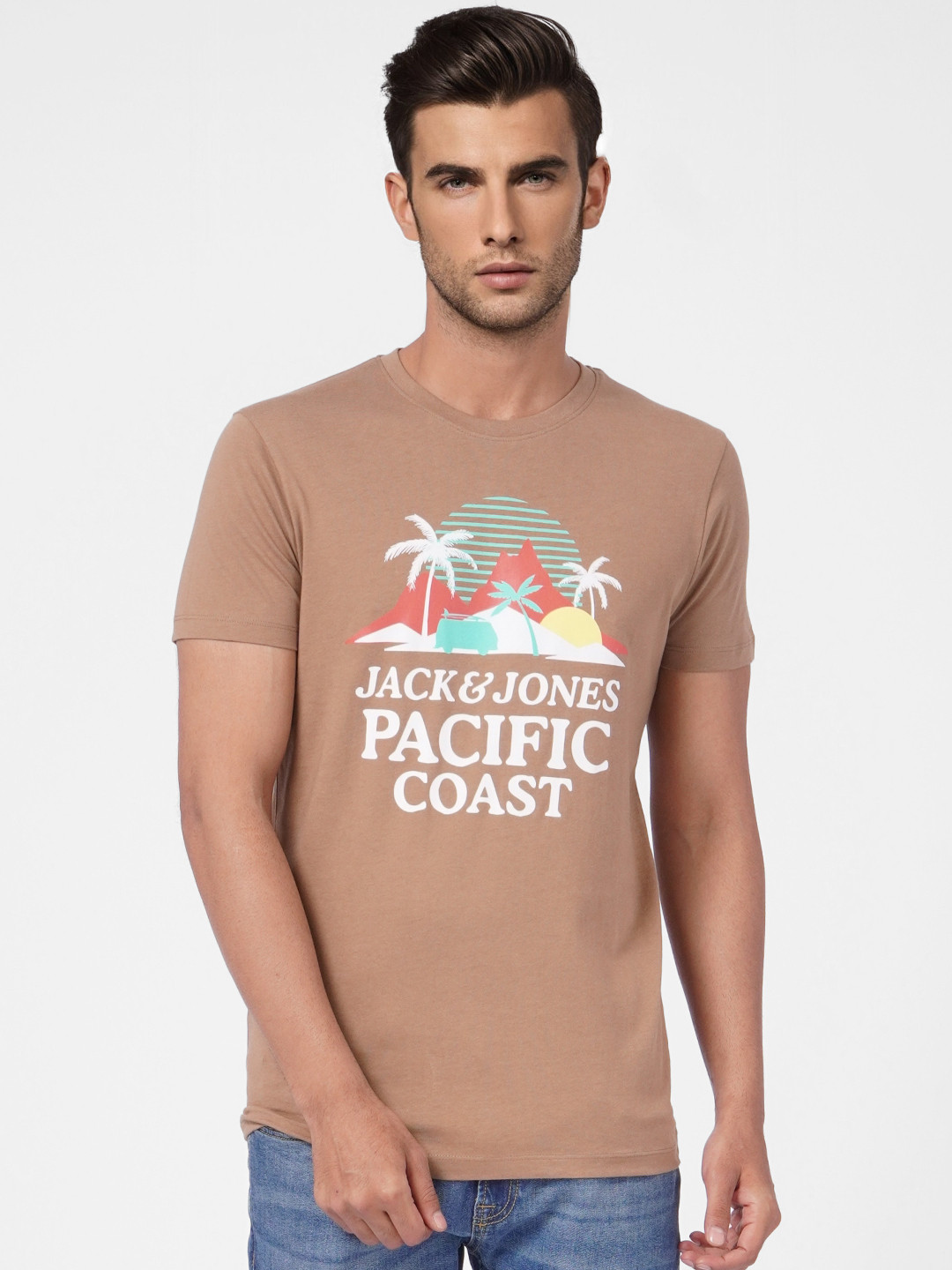 Jack & Jones Men Brown & Green Brand Logo Printed Slim Fit Pure Cotton T-shirt
