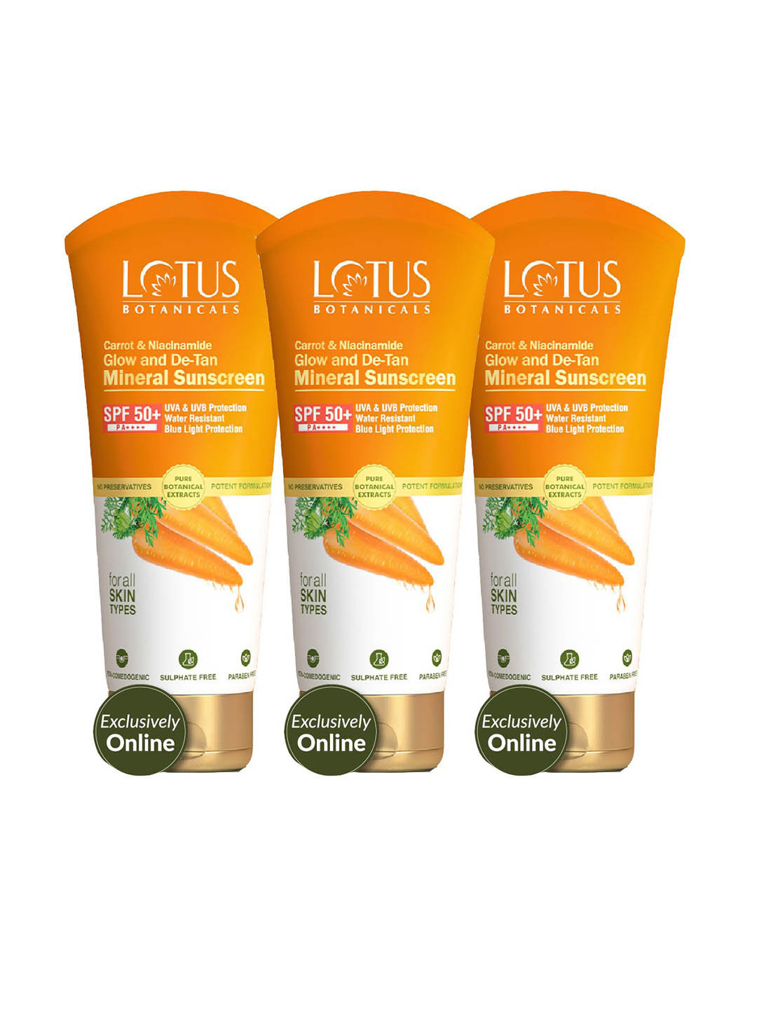 Lotus Botanicals Set Of 3 Carrot & Niacinamide SPF 50+ Mineral Sunscreen-50g Each