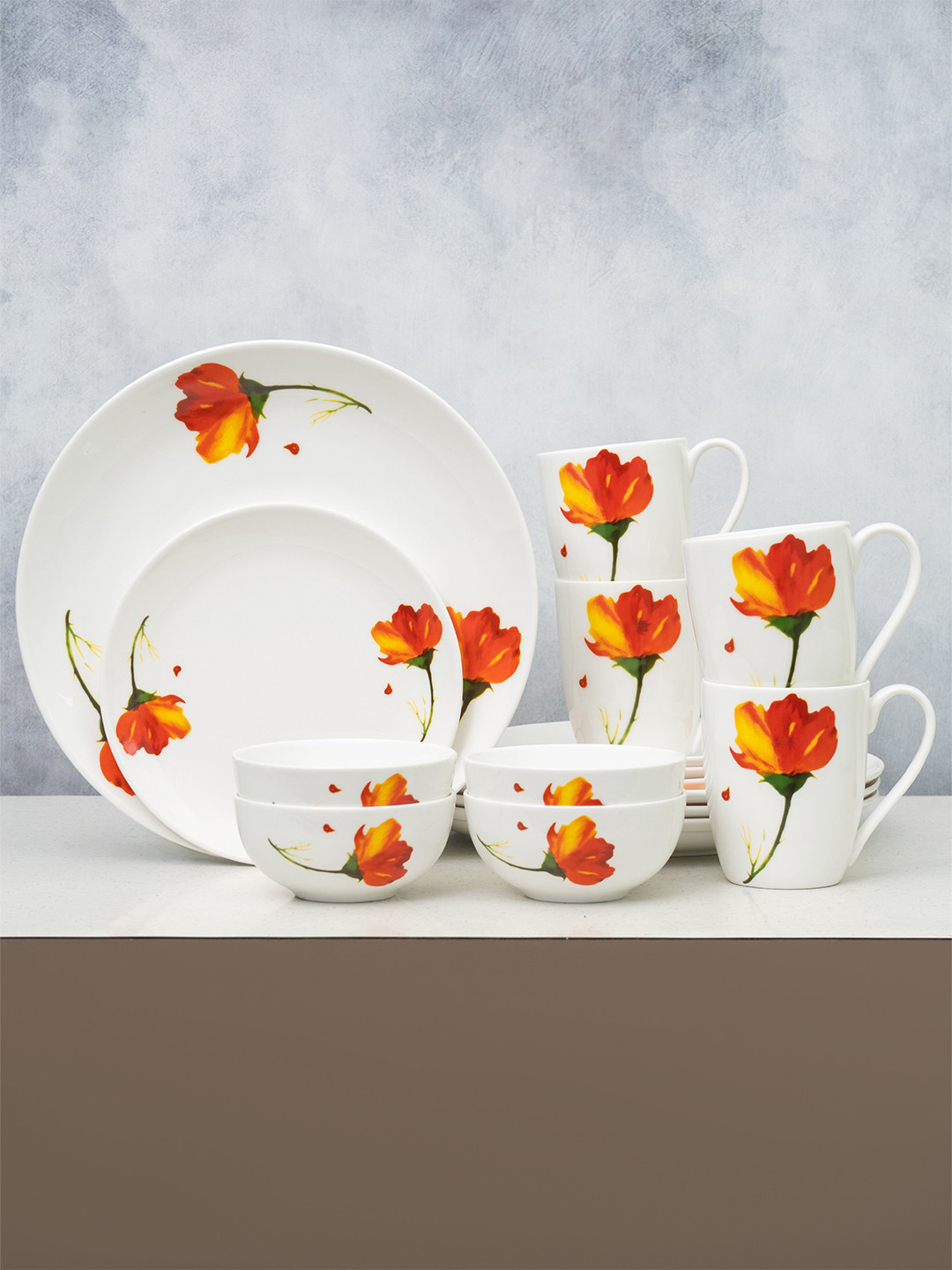 CLAY CRAFT Urmi Eco3 White Floral Ceramic Microwave Safe 16 Piece Dinner Set