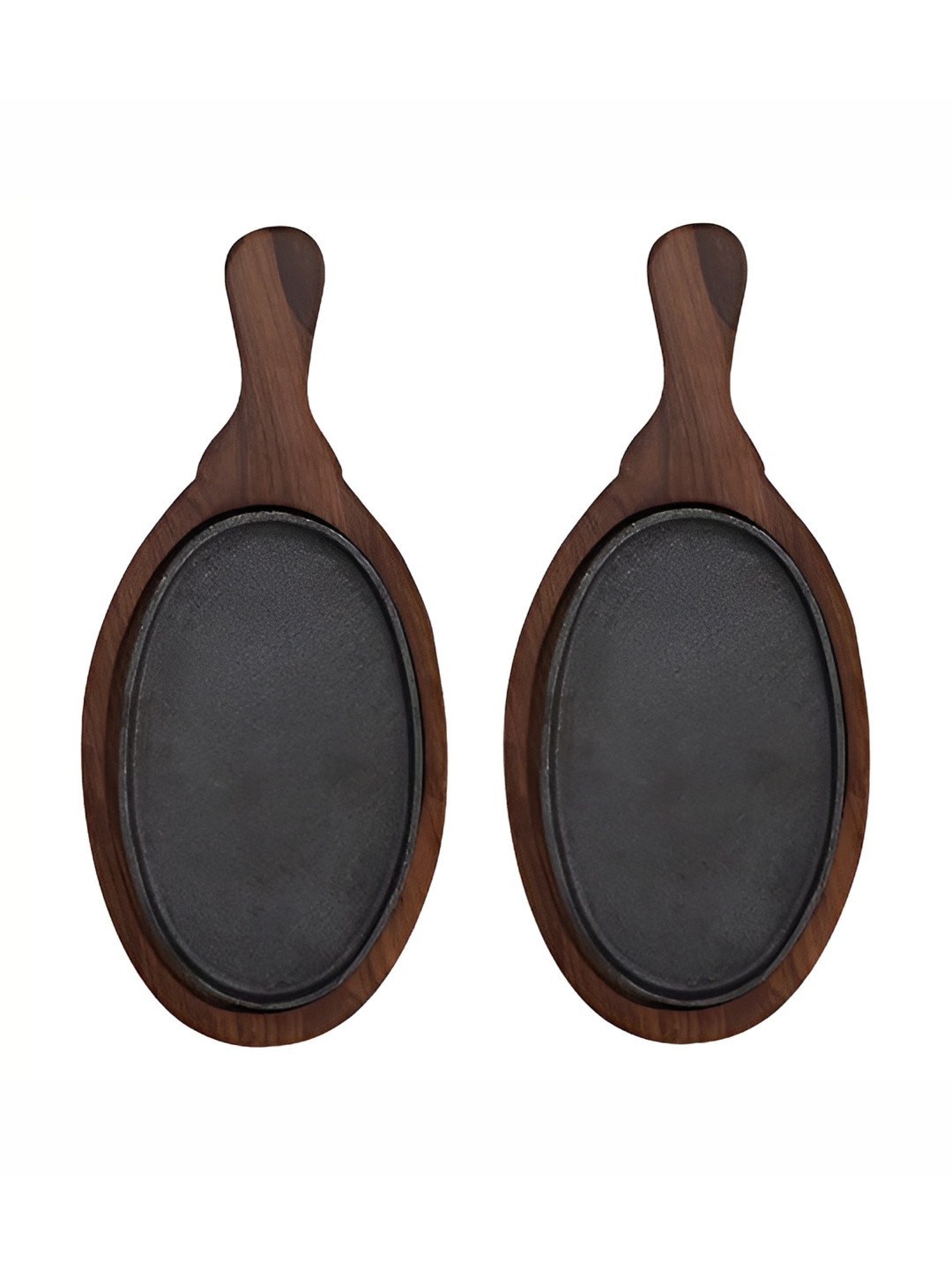 e kysa Brown 2 Pieces Dishwasher Safe Cast Iron Wooden Base Sizzler Platter with Handle