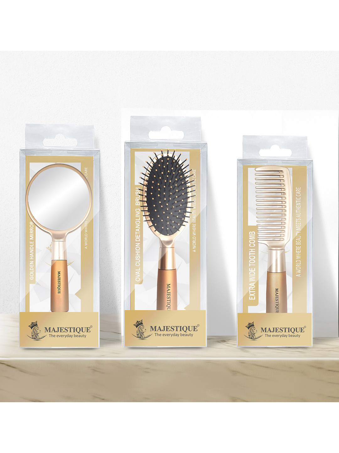 MAJESTIQUE Set Of 3 Detangling Hairbrush-Wide-tooth Comb & Handle Mirror