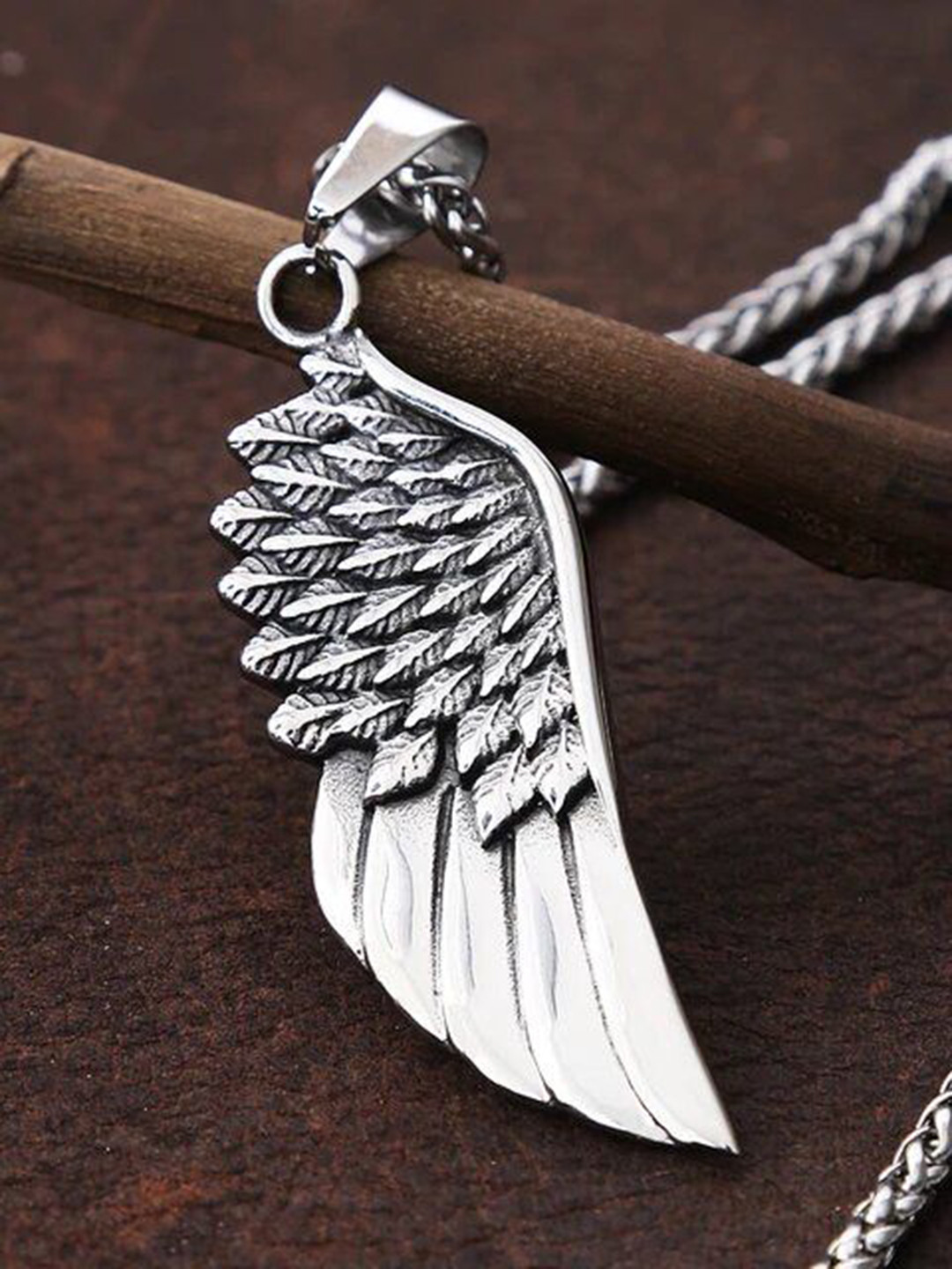 Saizen Unisex Stainless Steel Silver Plated Angel Wing Feather Pendant With Chain
