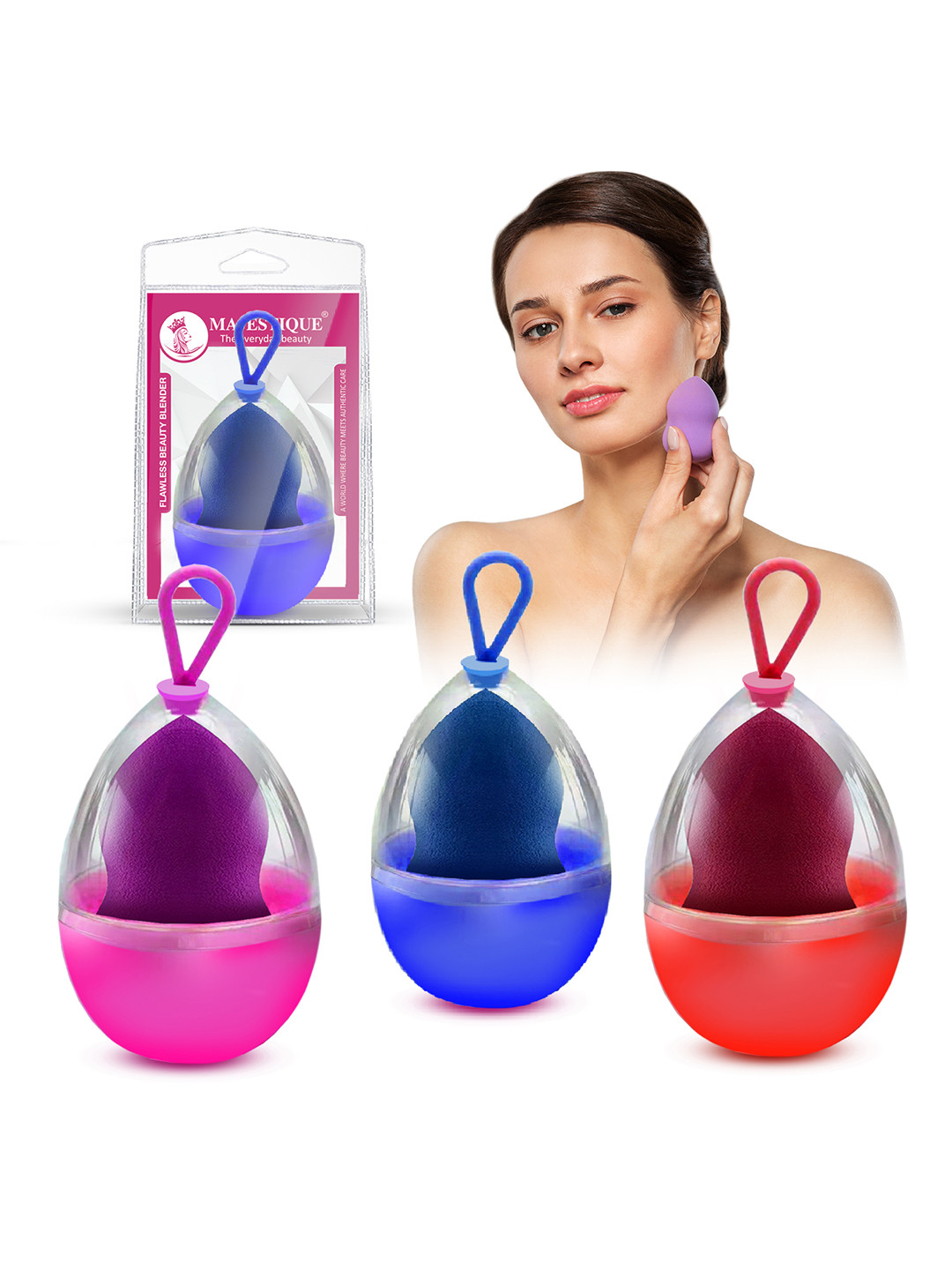 MAJESTIQUE Pack of 3 Makeup Sponge with Holder Case