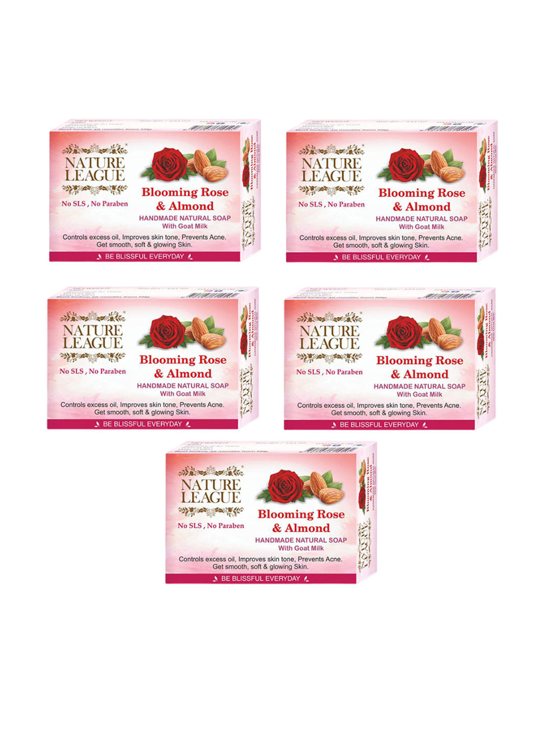 NATURE LEAGUE Set of 5 Blooming Rose & Almond Handmade Soap with Goat Milk -100 g Each