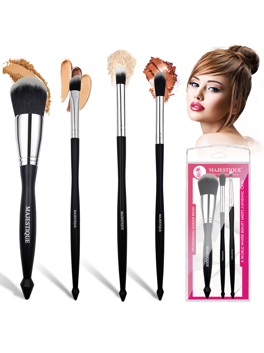 MAJESTIQUE Set Of 4 Handle Make-Up Powder Brushes - Black