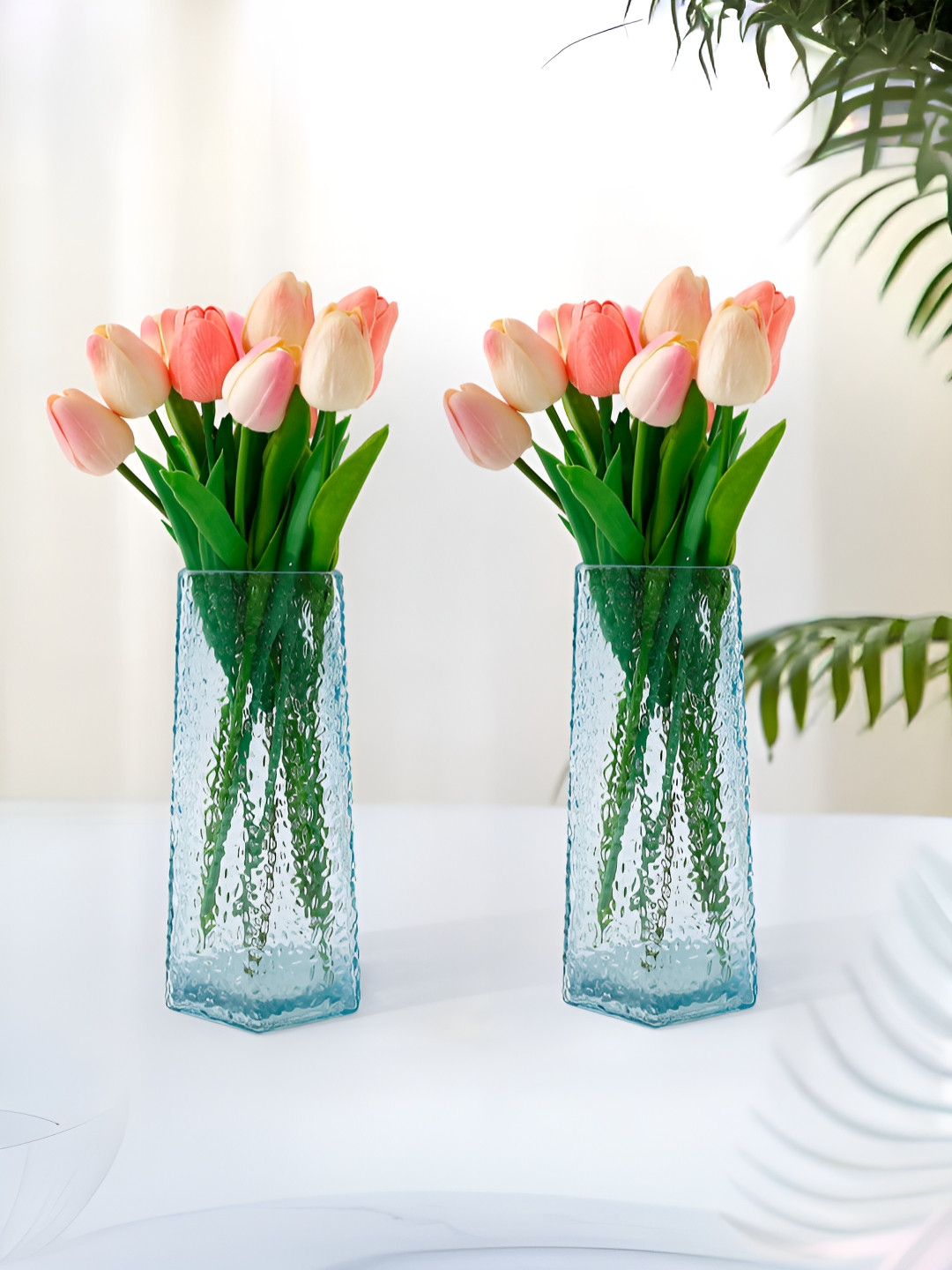 UMAI Blue & Transparent 2 Pieces Glass Textured Flower Vases