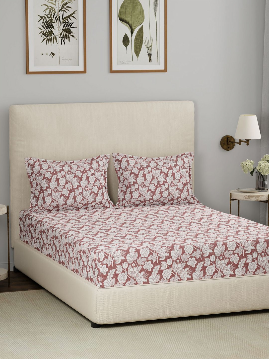 MASPAR Eclectic Garden Rust Floral Cotton 144 TC King Fine Bedsheet with 2 Pillow Covers-108 x 108 inches