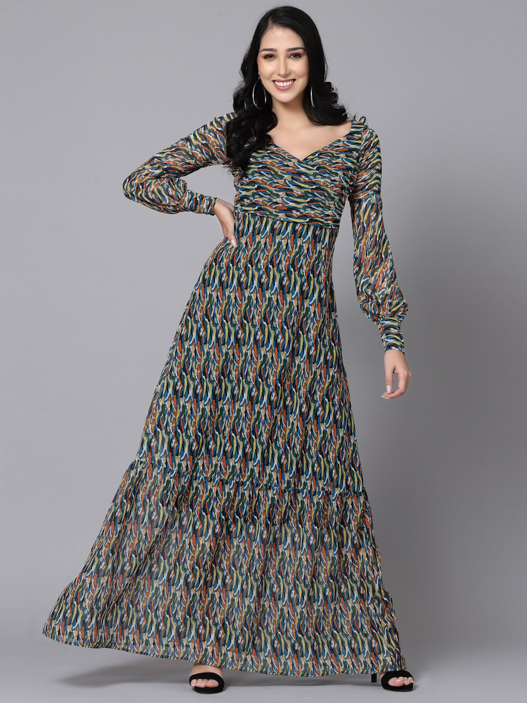 aayu Print Bishop Sleeve Abstract Georgette Maxi Dress