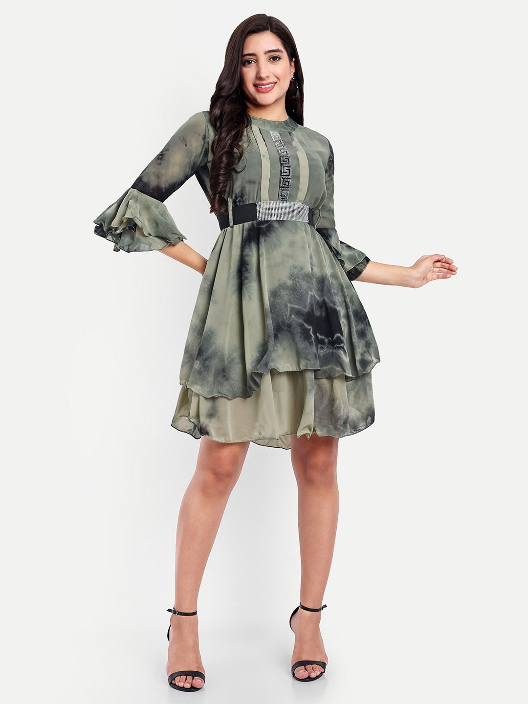 HAUTEMODA Tie and Dye Printed Bell Sleeve Georgette Dress