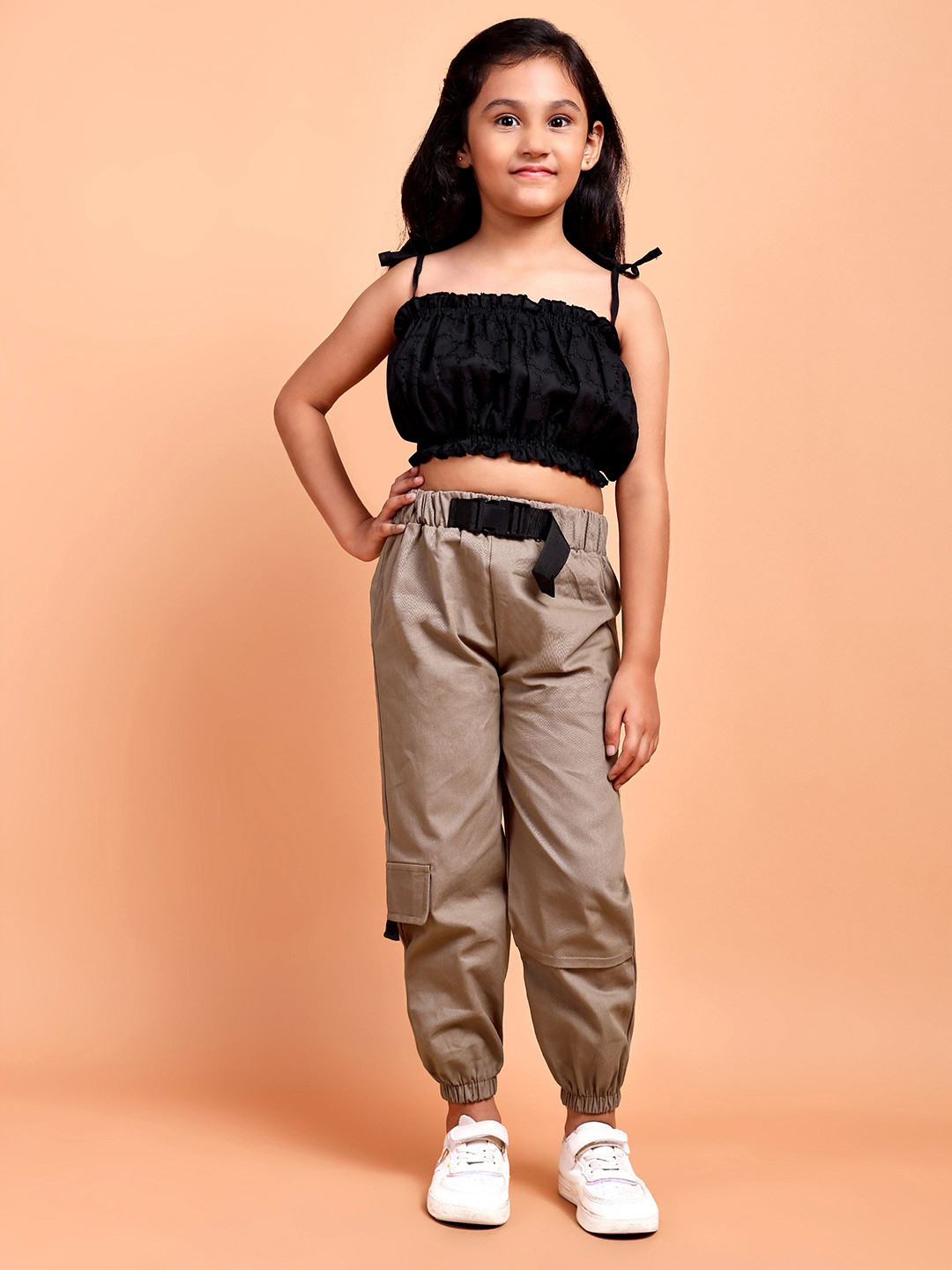 YK Girls Self Design Shoulder Straps Schiffli Top With Cargo Trousers