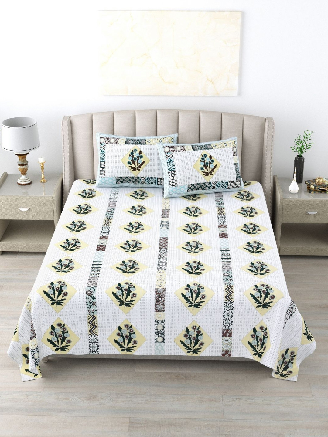 Wayne Martin Lime Green Floral Pure Cotton 300 TC King Fine Bedsheet with 2 Pillow Covers-87 x 93 inches