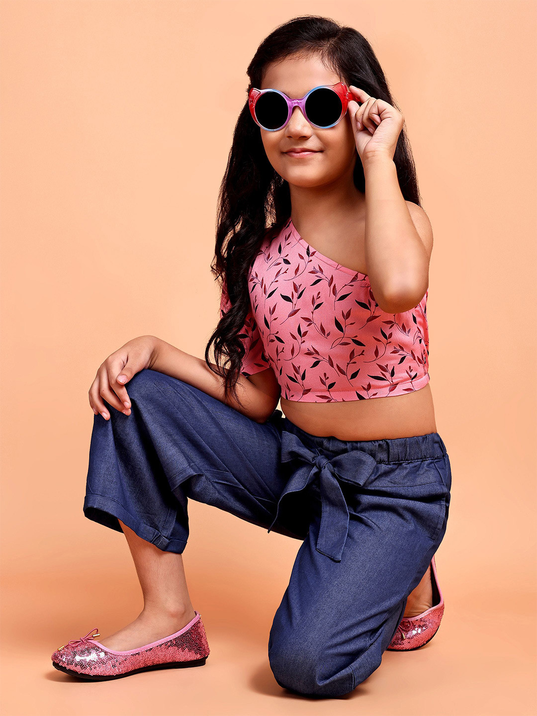 YK Girls Printed One Shoulder Top with Denim Palazzos