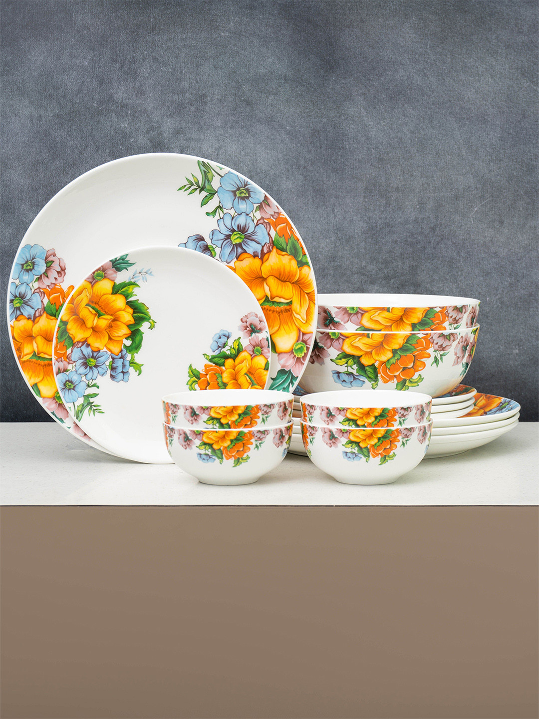 CLAY CRAFT Urmi Eco4 White Floral Ceramic Microwave Safe 14 Piece Dinner Set