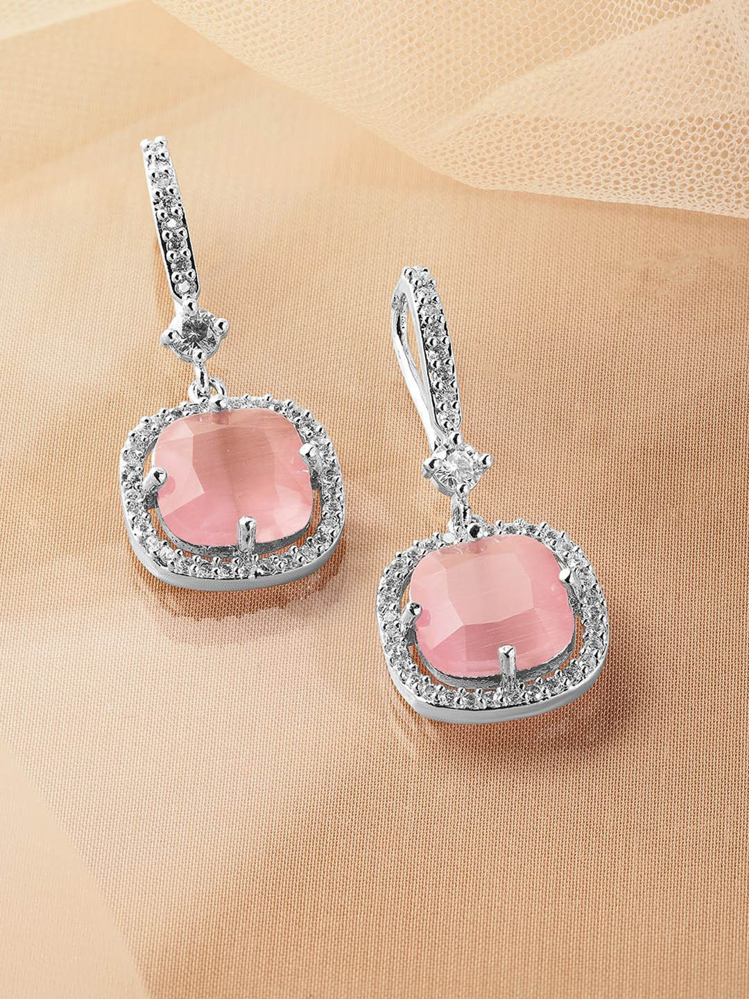 Rubans Rhodium Plated Pastel Pink & Cubic Zirconia Studded Premium Drop Earrings
