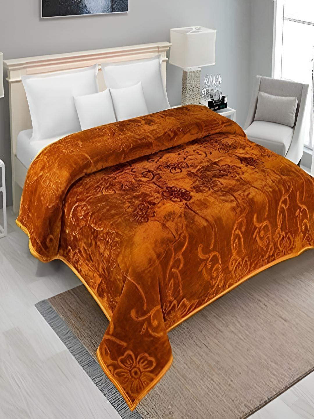tundwal's Orange Floral Mink Heavy Winter Single Bed Blanket