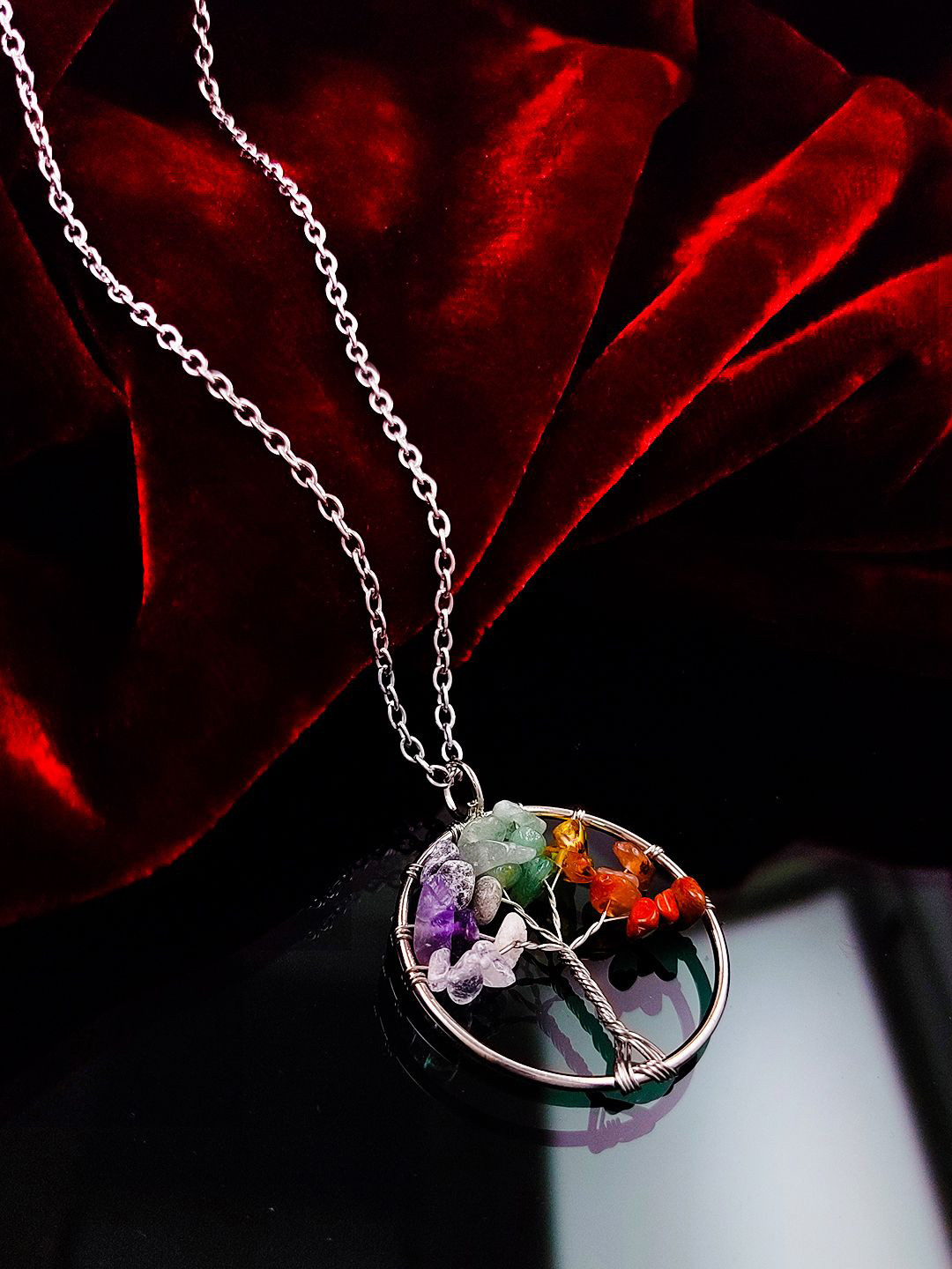 Saizen Stainless Steel Silver Plated Stone 7 Chakra Tree of life Pendant With Chain