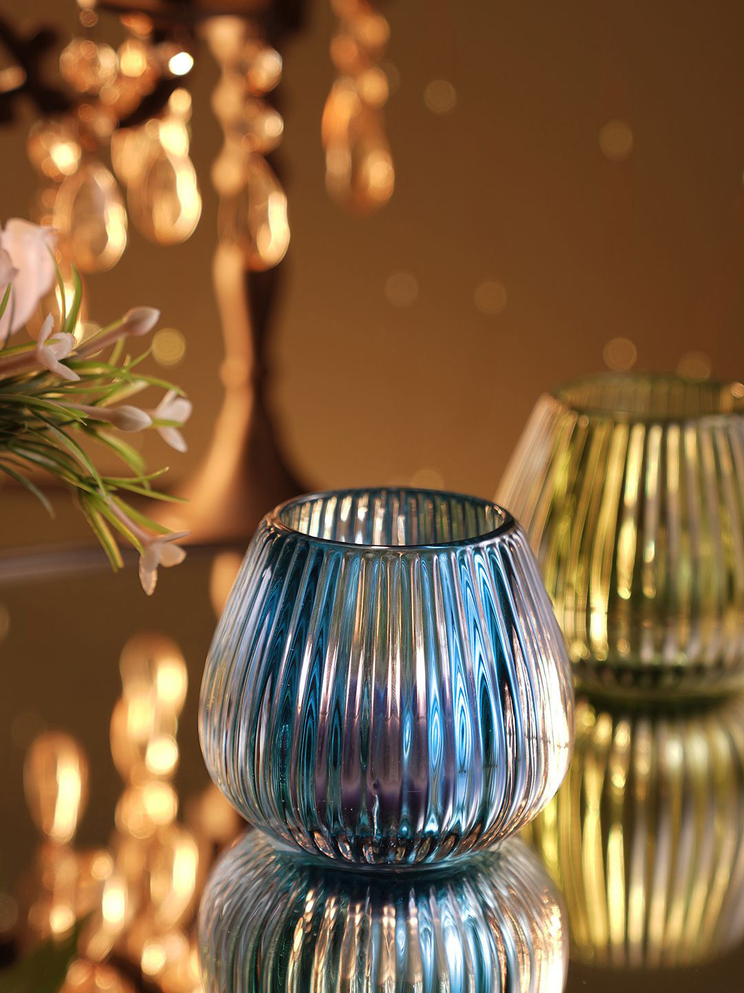 Pure Home and Living Blue Glass Textured Candle Holder