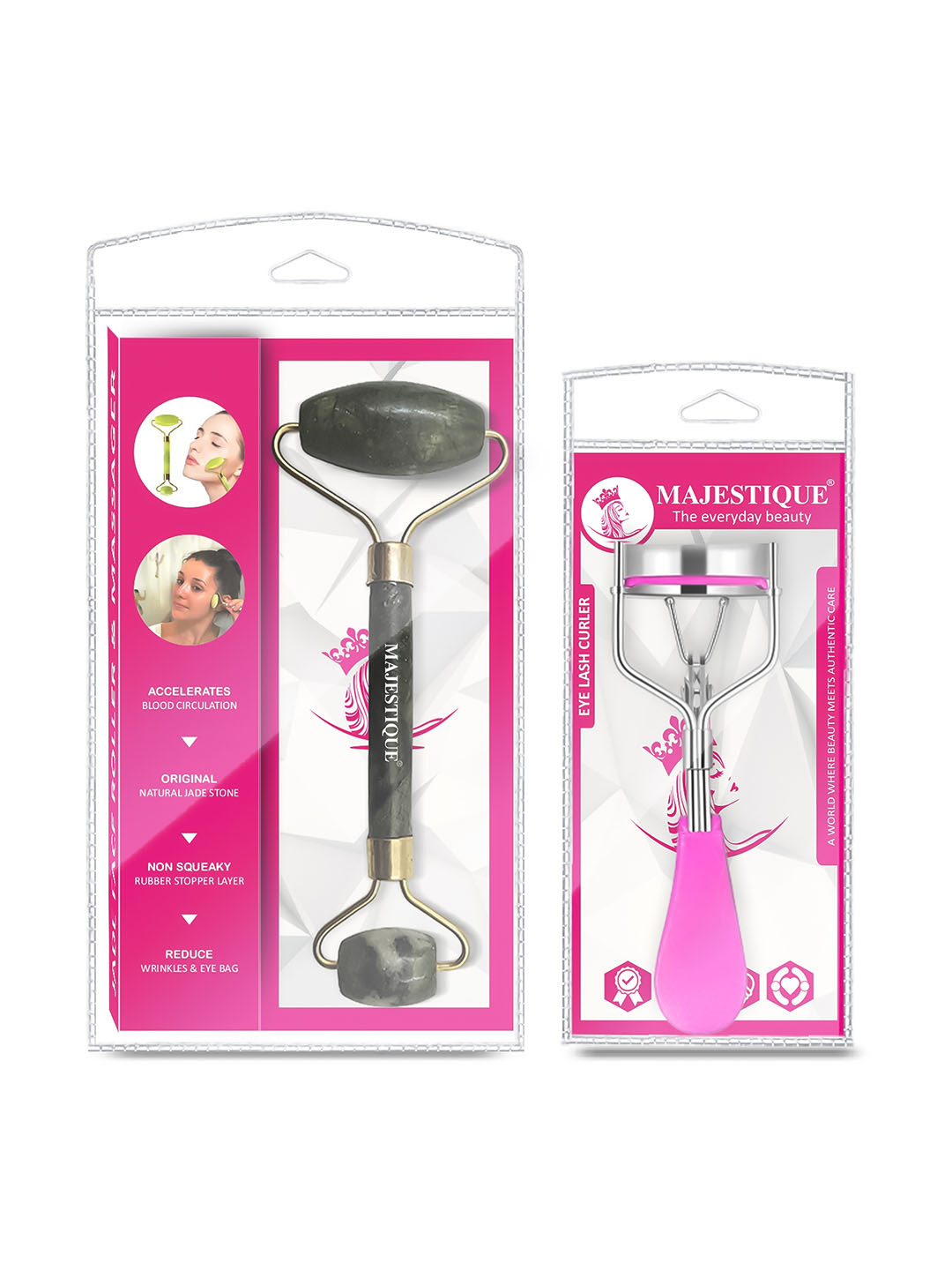 MAJESTIQUE Eyelash Curler & Facial Massager Jade Roller Tool
