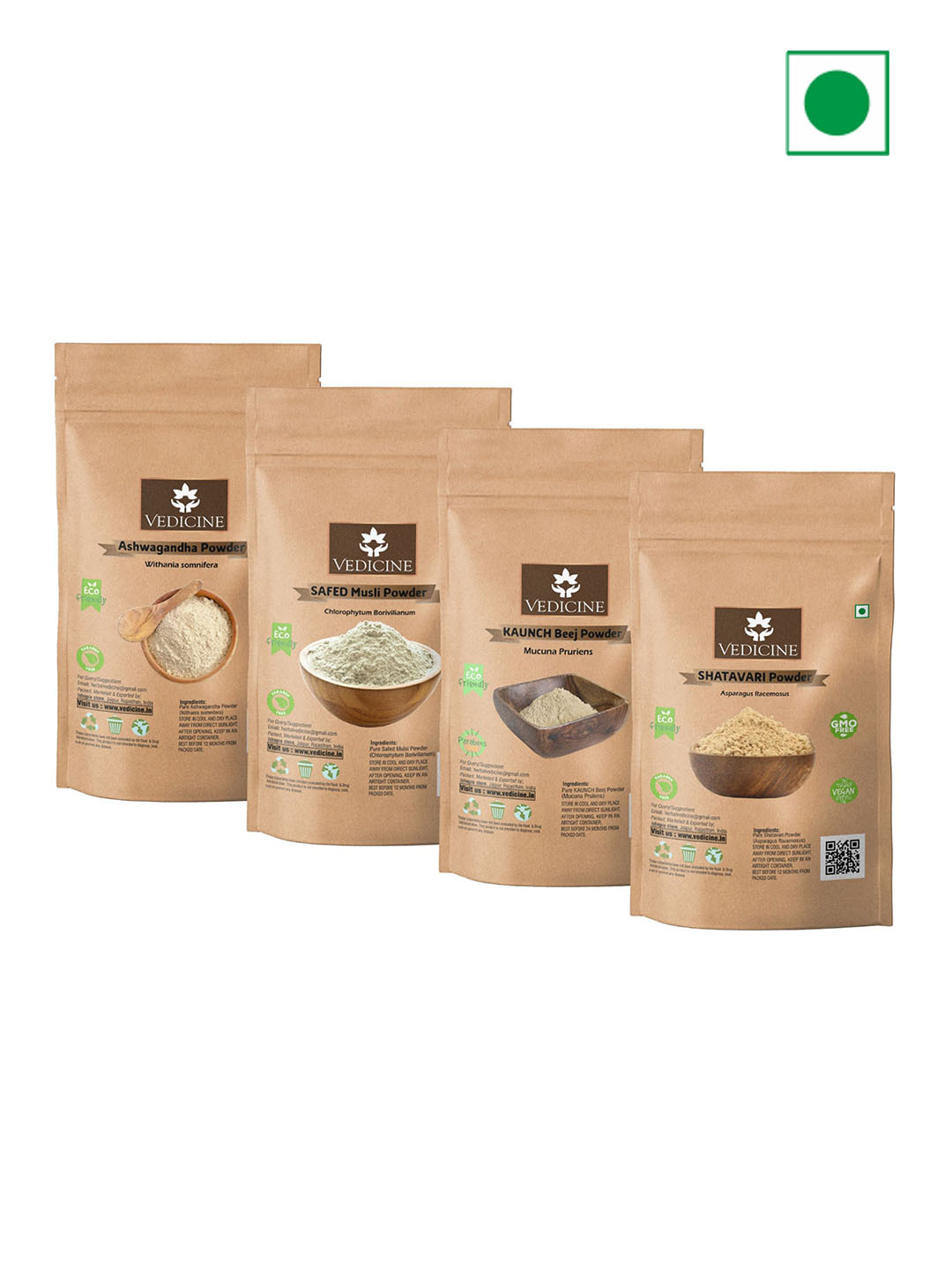 VEDICINE Set Of 4 Ashwagandha Shatavari Safed Musli Konch Kaunch Beej Powder -50g Each