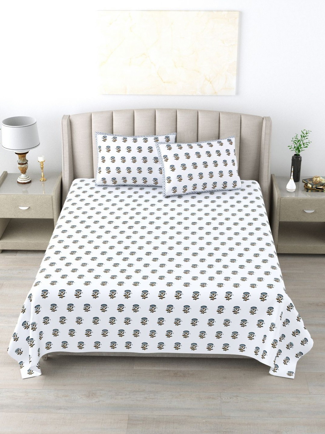 Wayne Martin Off White Floral Pure Cotton 300 TC King Fine Bedsheet with 2 Pillow Covers-87 x 93 inches