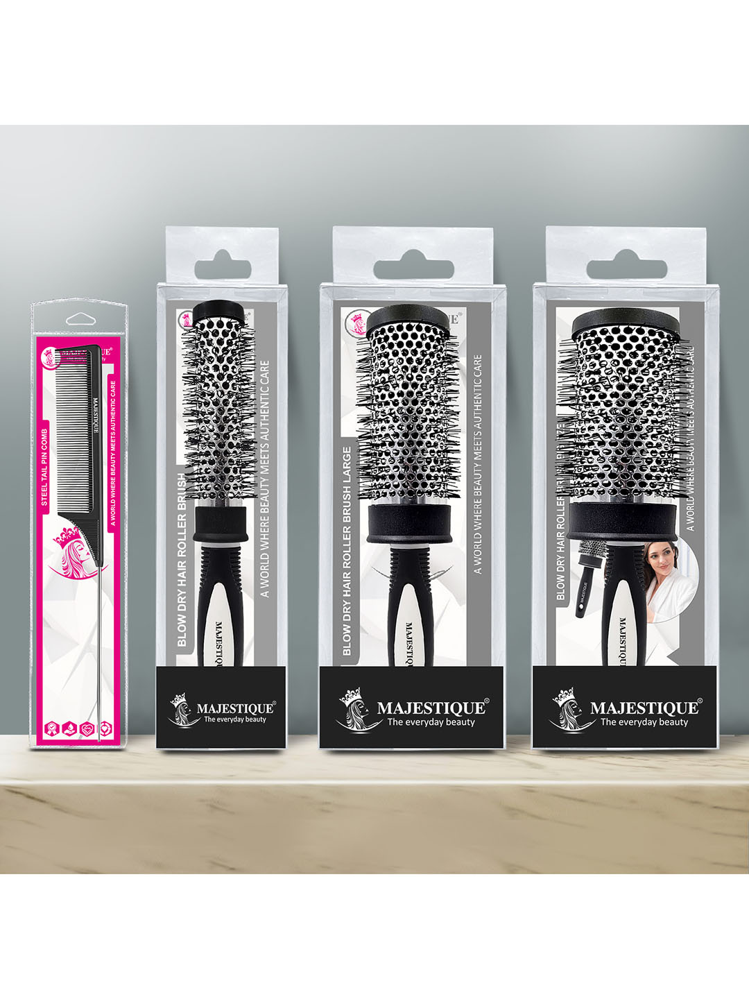 MAJESTIQUE Set Of 4 Ceramic Ion Round Brush Set