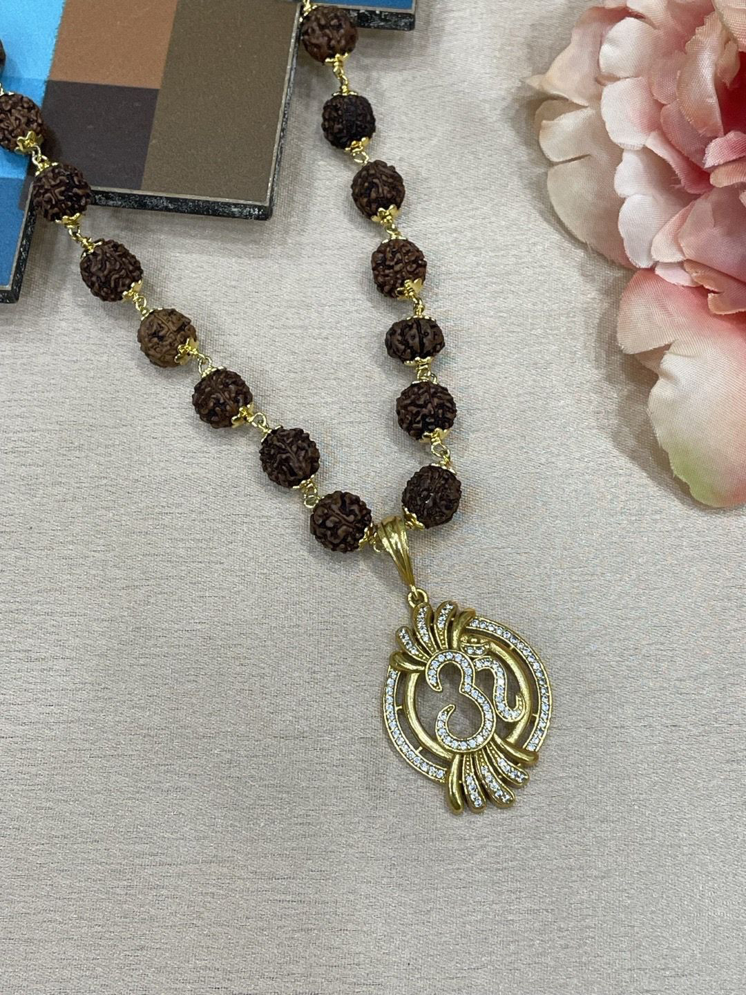 Digital Dress Room Men Brass Gold-Plated American Diamond Studded Rudraksha Necklace