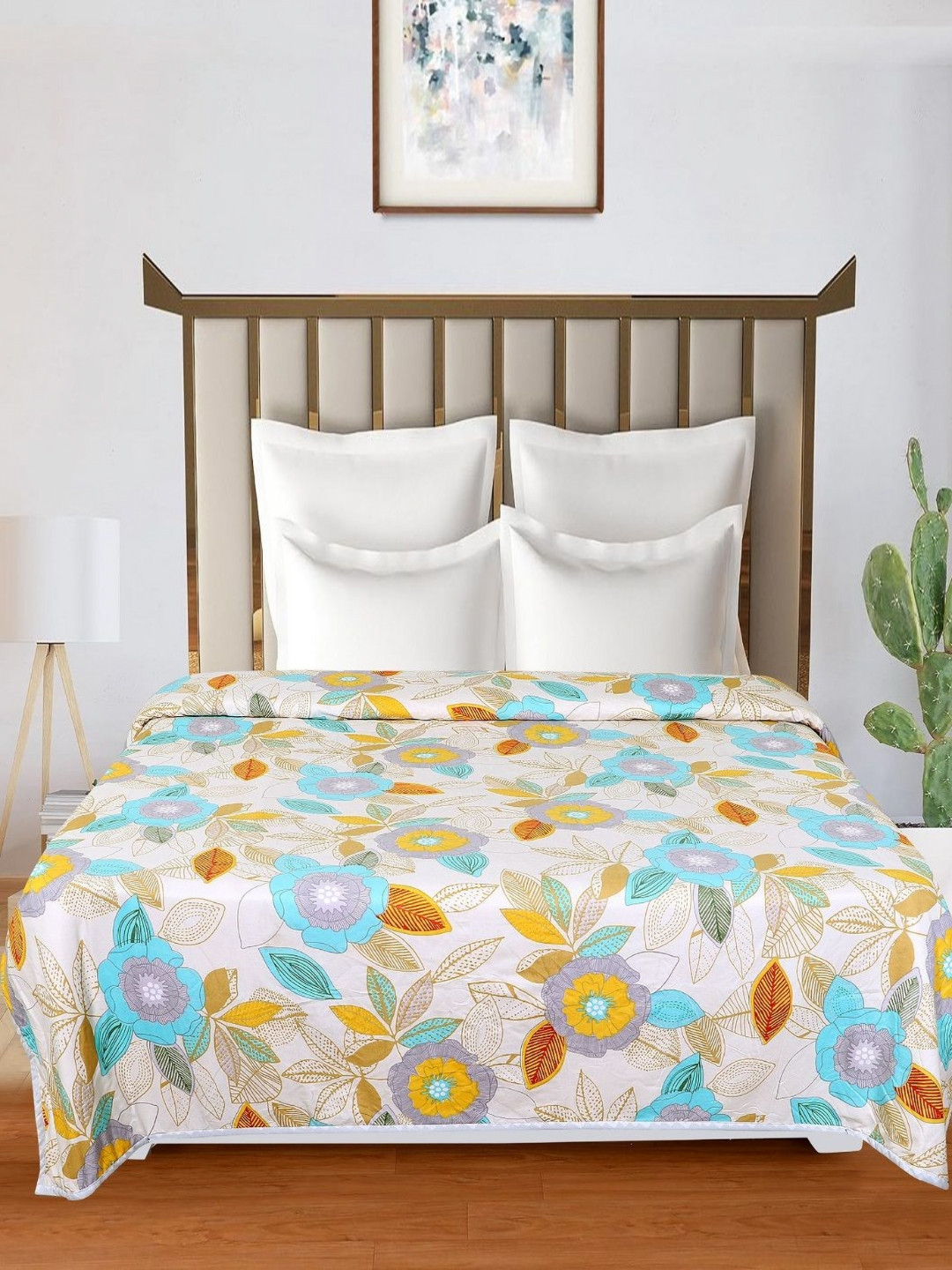 RD TREND Cream-Coloured & Blue Floral Printed Microfiber AC Room 150 GSM Double Bed Dohar