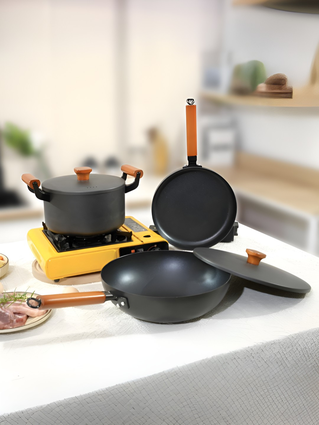 UMAI Black 3 Pieces Cast Iron Dishwasher Safe Cookware Set