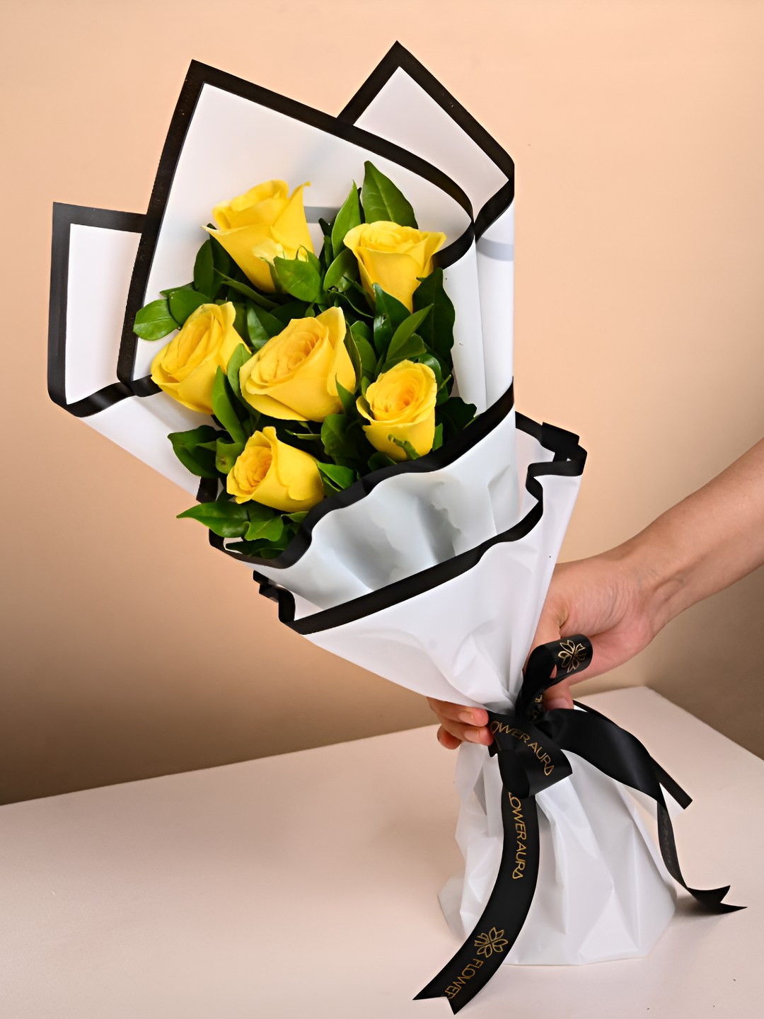 Floweraura Yellow & Green 6 Pieces Fresh Roses Bouquet