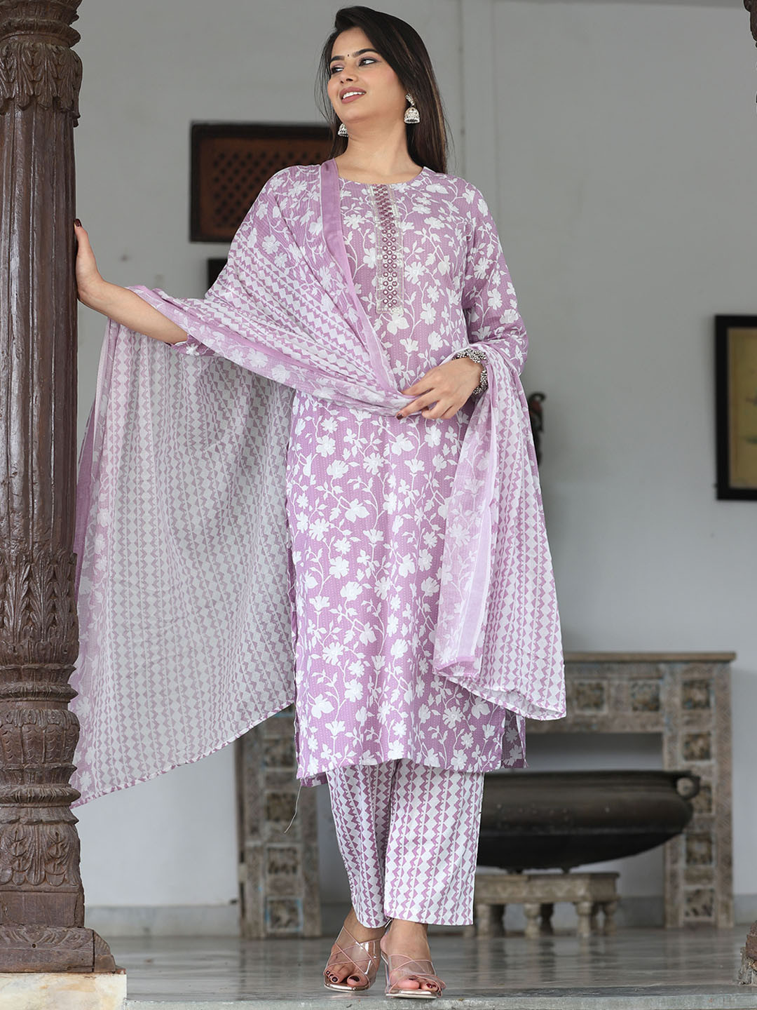 G4Girl Floral Printed Mirror Work Pure Cotton Straight Kurta With Trousers & Dupatta