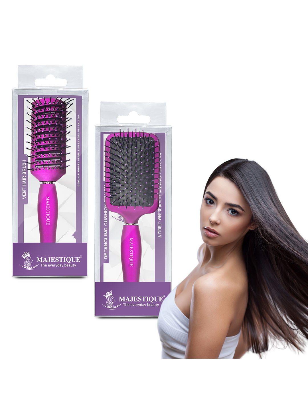 MAJESTIQUE Set Of 2 Series-Refresh & Extend Flat Hair Brush & Paddle Detangler For All Hair.