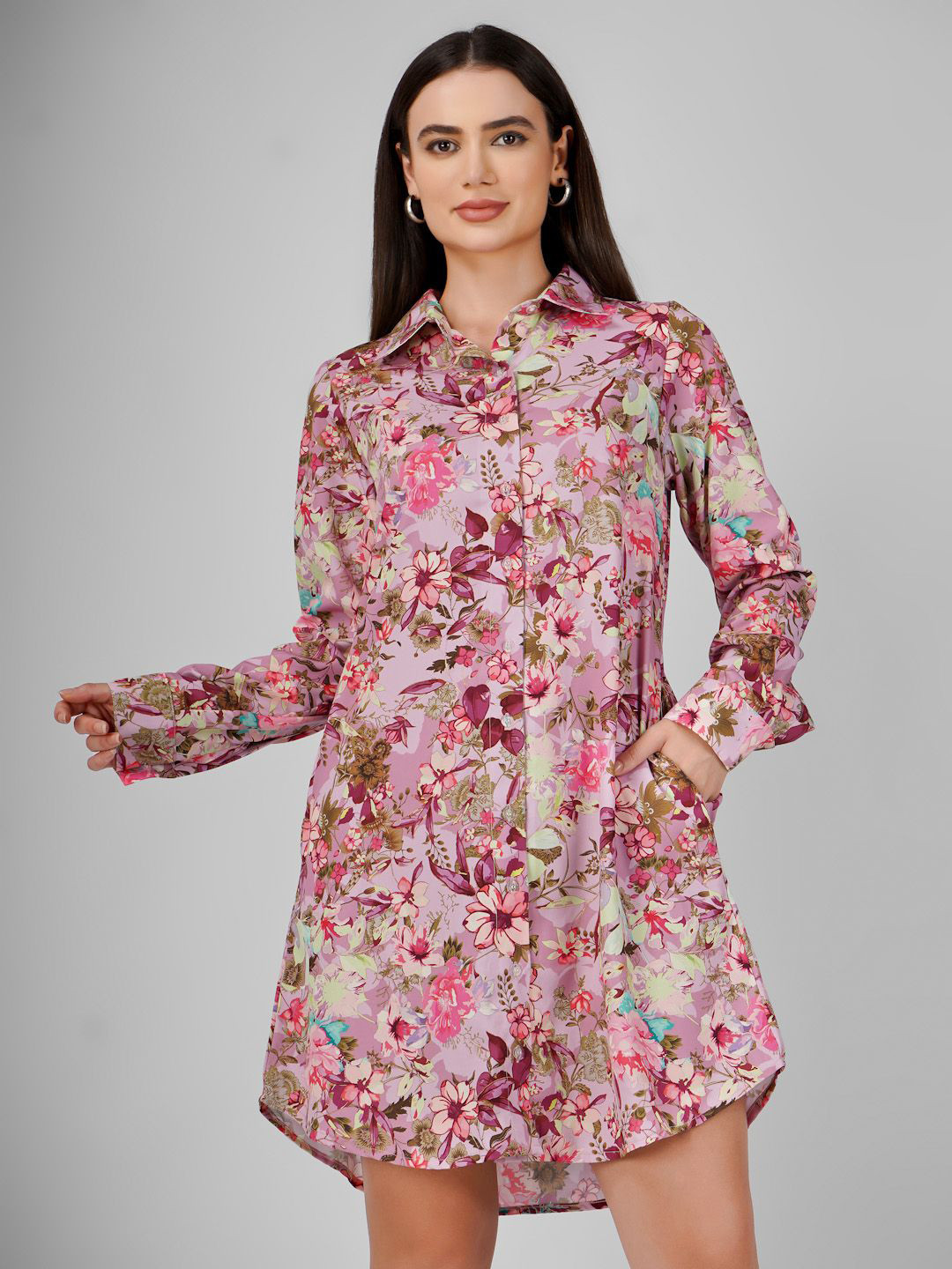 Sukshat Floral A-Line Shirt Collar Mini Long Sleeves Dress