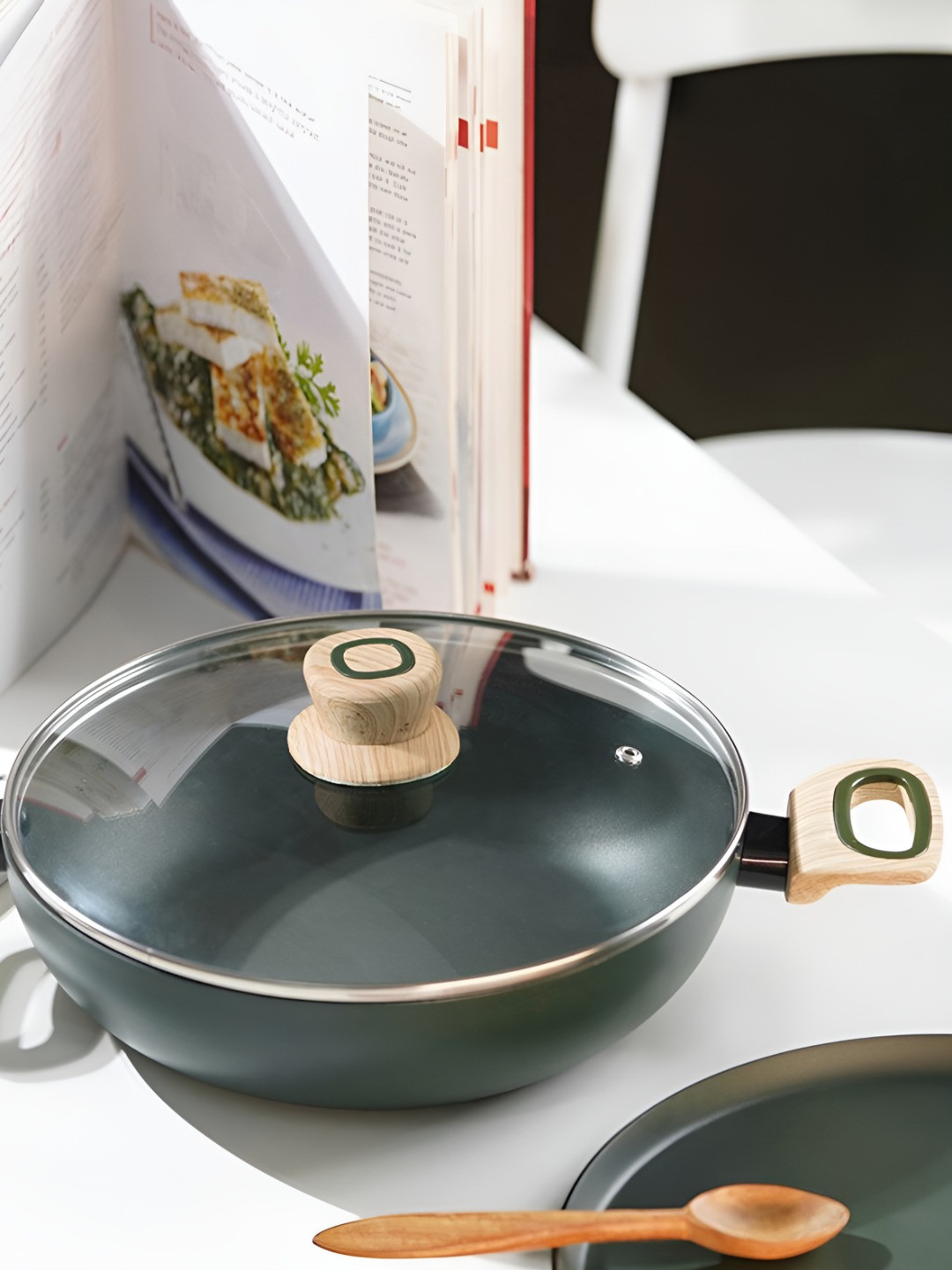 Kreme Venetia Green & Brown Aluminium Kadhai With Lid