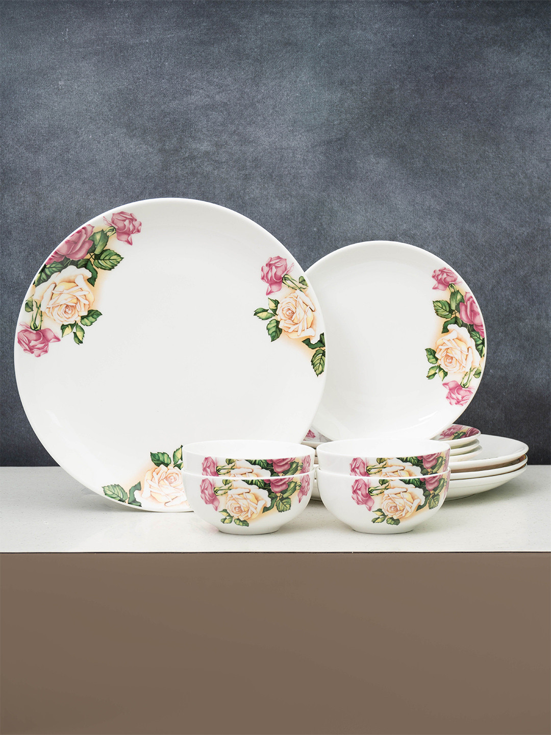 CLAY CRAFT Urmi Eco5 White Floral Ceramic Microwave Safe 12 Piece Dinner Set