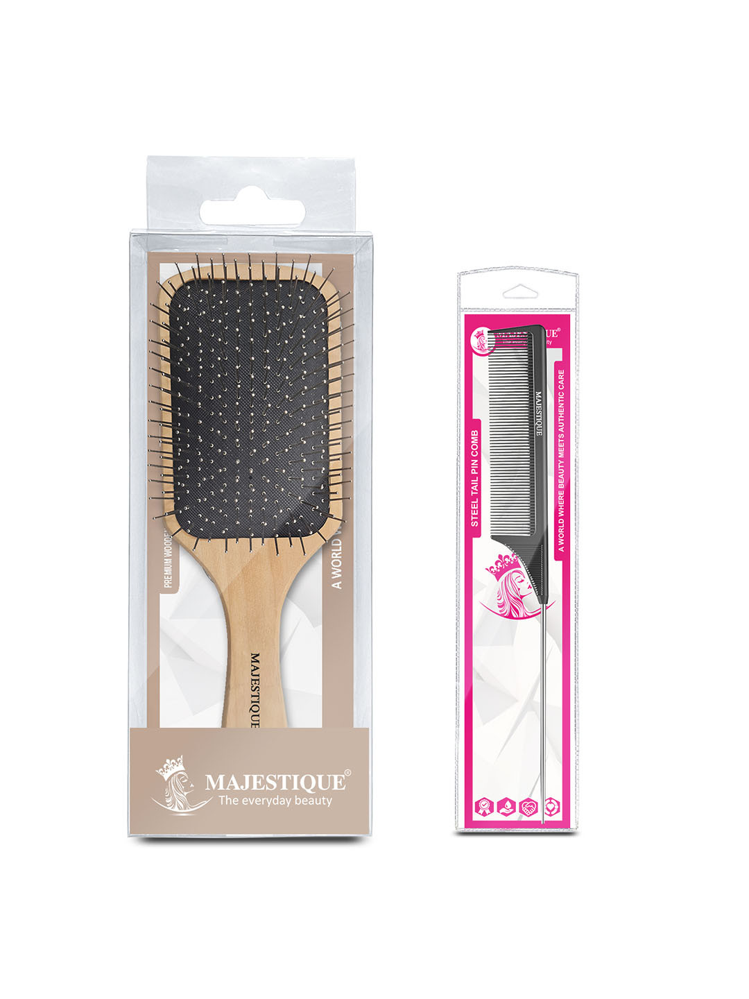 MAJESTIQUE Set Of 2 Wood Hair Brush & Detangle Tail Comb