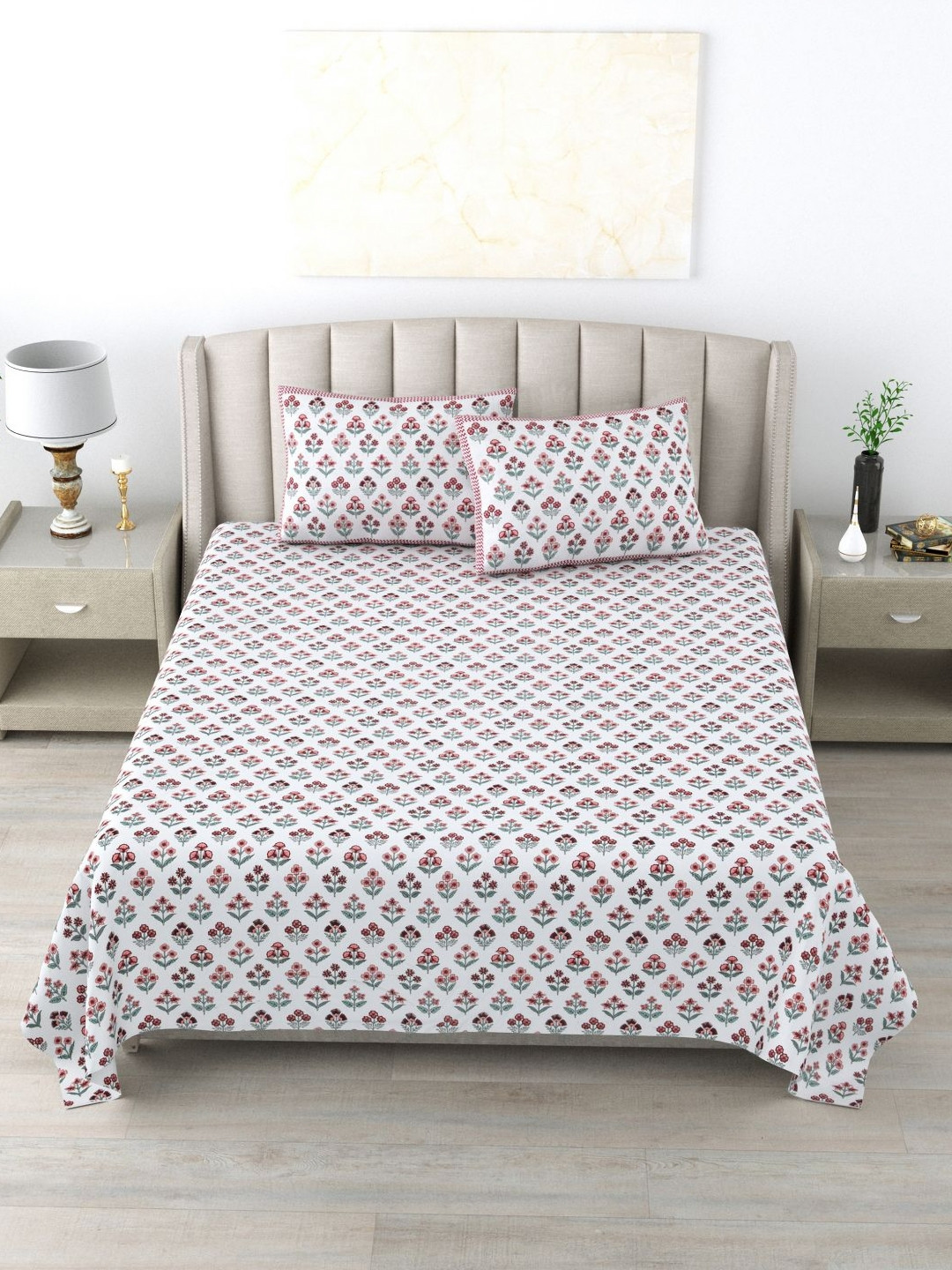 Wayne Martin Pink Floral Pure Cotton 300 TC King Fine Bedsheet with 2 Pillow Covers-87 x 93 inches